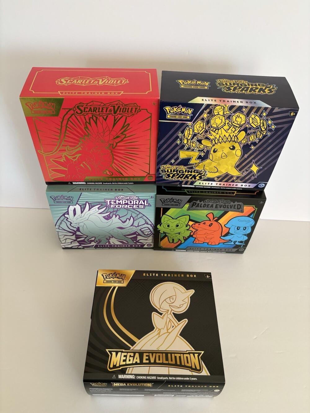 Lot of 5 EMPTY Pokémon Elite Trainer Boxes Scarlet & Violet, Mega Evolutions